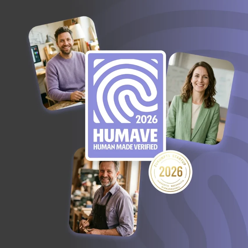 Drei Personen auf einem grafischen Hintergrund mit dem Logo von Humave 2026.