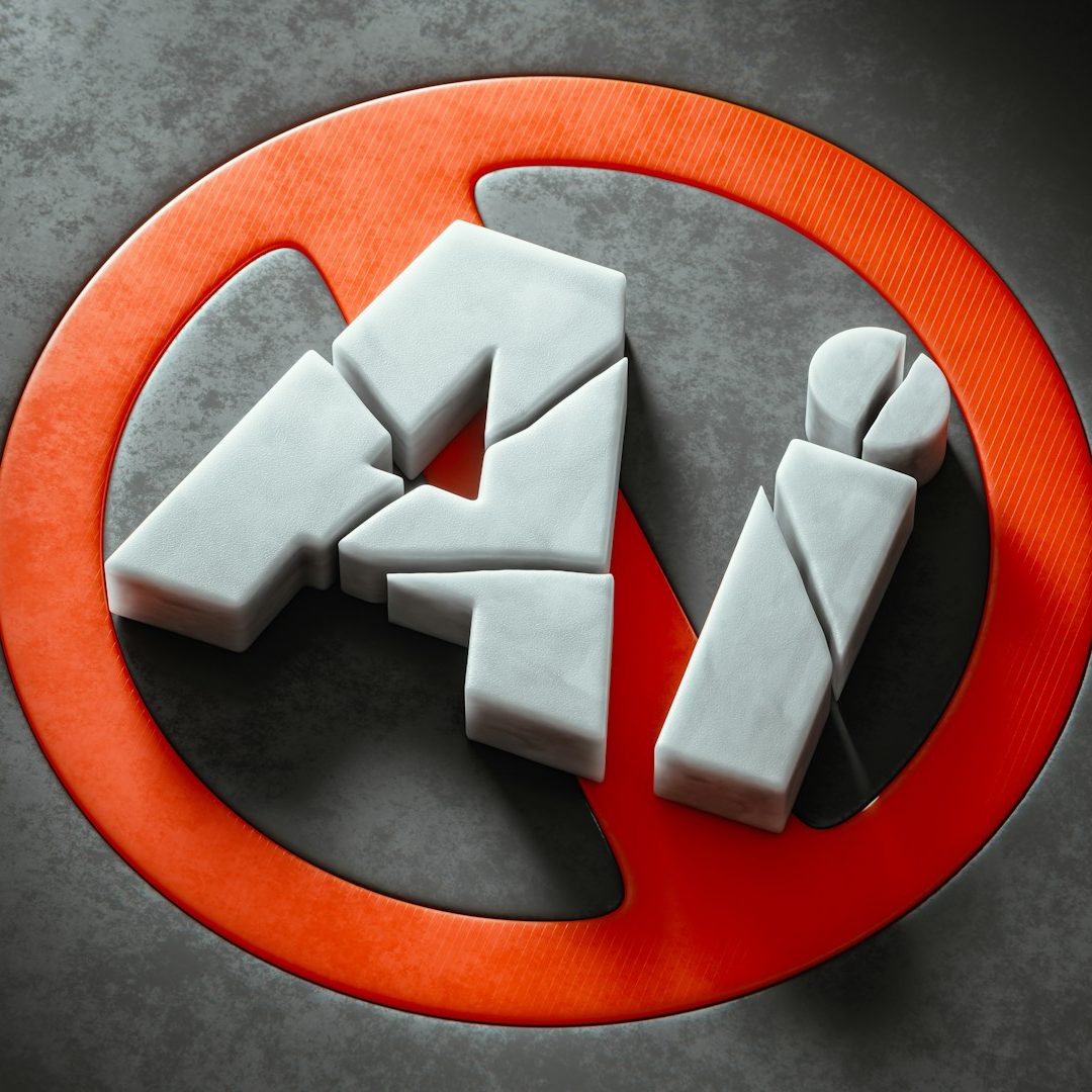 Symbol mit "AI" in einem roten Kreis und einem durchgestrichenen Zeichen.