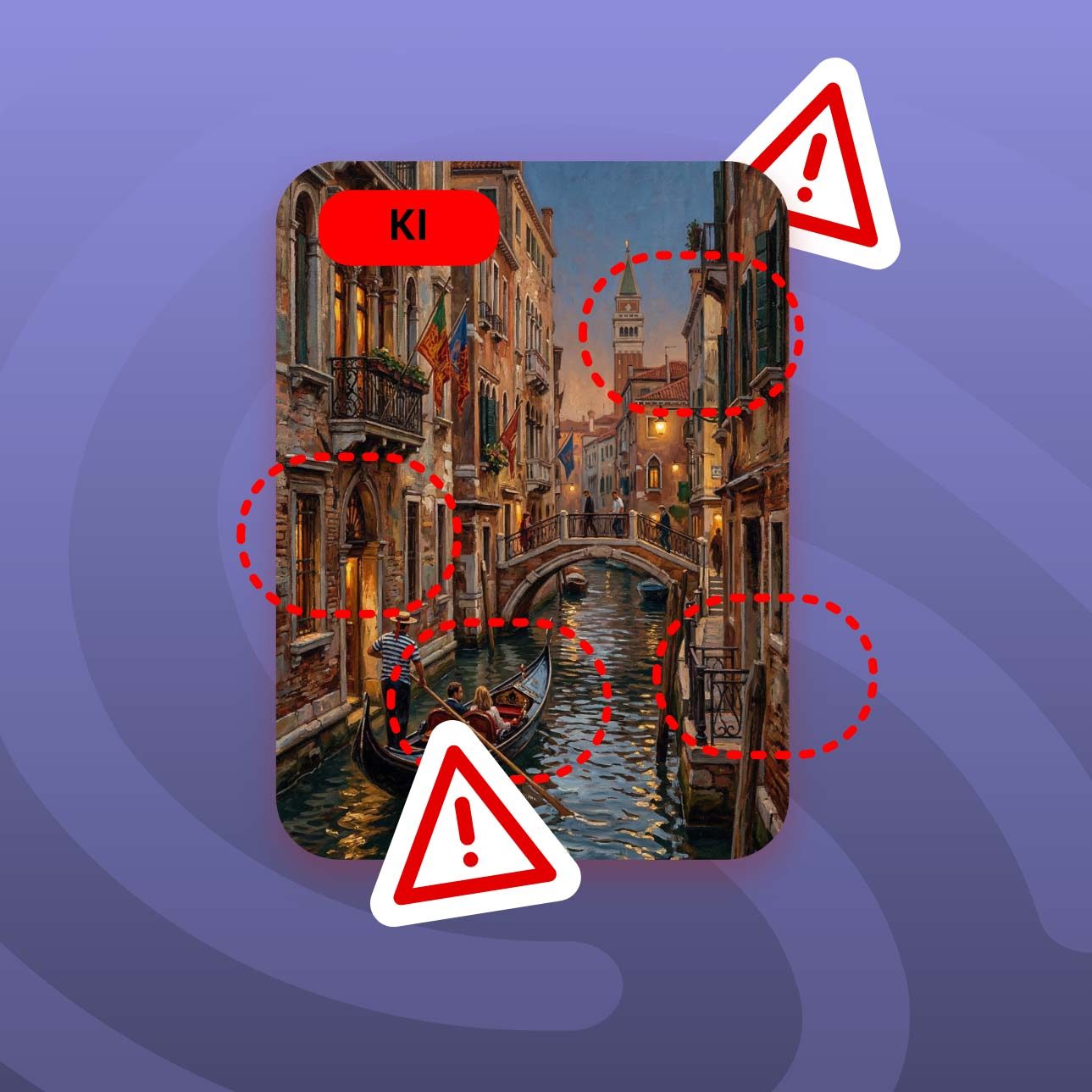 Beispielhafte Darstellung von KI-generierten Inhalten mit markierten Auffälligkeiten wie wiederholenden Formulierungen, fehlender persönlich