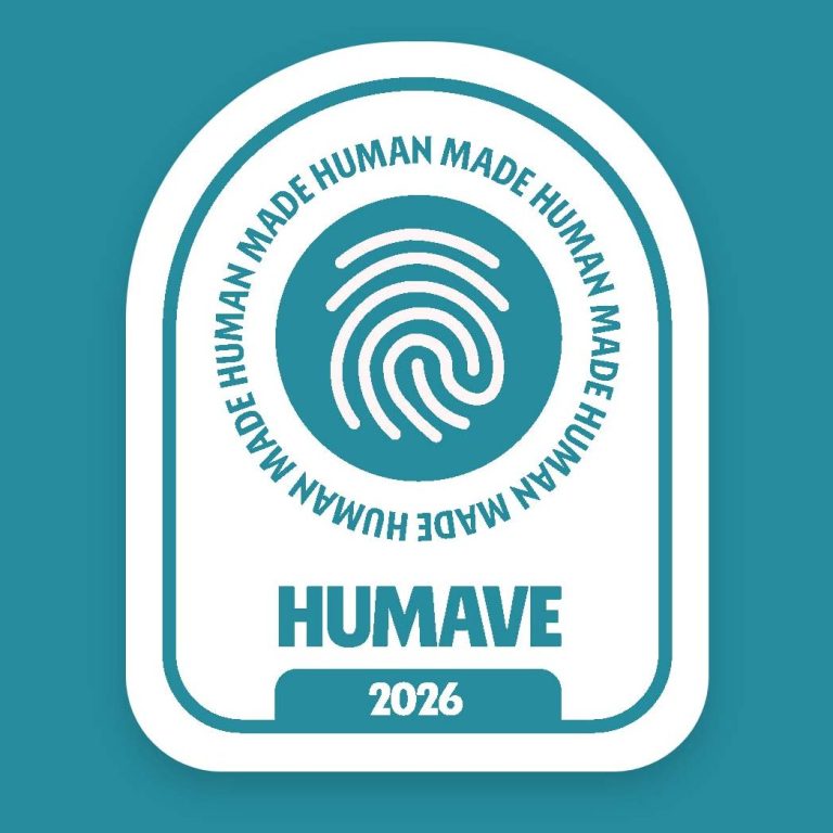 Das HUMAVE Siegel auf türkiesem Hintergund mit der Aufschrift Human Made HUMAVE zur Kennzeichnung von Arbeiten ohne generative KI.