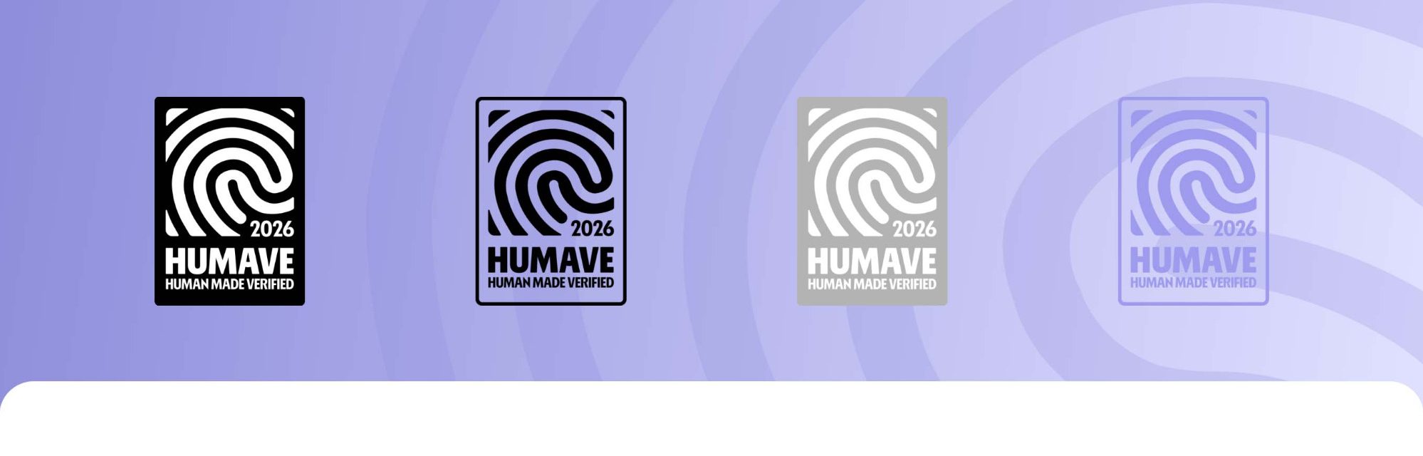 HUMAVE Gütesiegel in verschiedenen Farben auf einem lila Hintergrund.