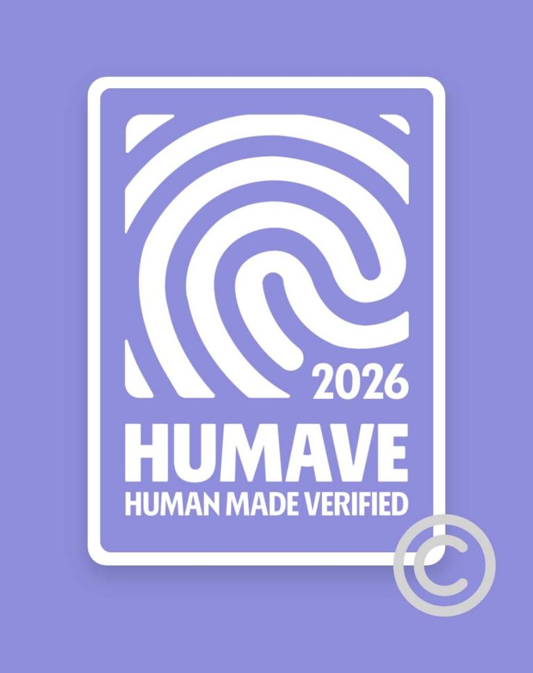 Premium HUMAVE Label in Blau-Violett – Qualitätsmerkmal für echte Expertise und menschliche Kontrolle.