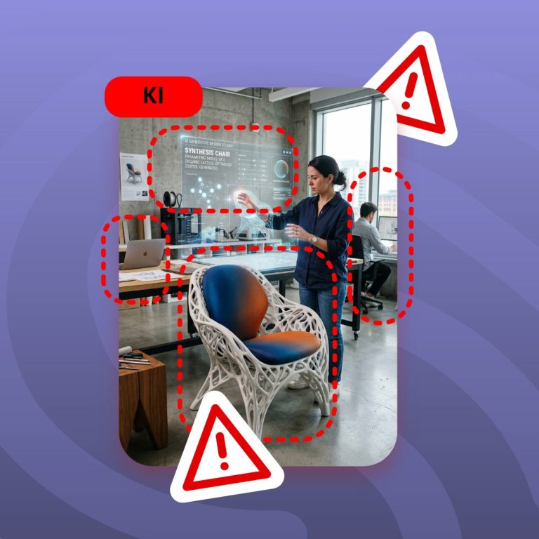 Eine Person steht neben einem künstlerischen Stuhl in einem modernen Büro.